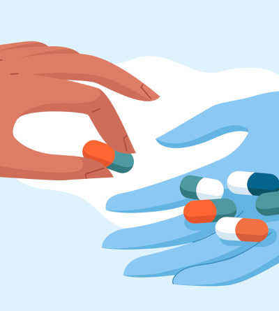 Zeichnung: Eine Hand legt Tabletten in andere Hand.