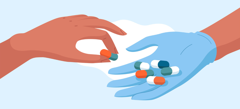 Zeichnung: Eine Hand legt Tabletten in andere Hand.
